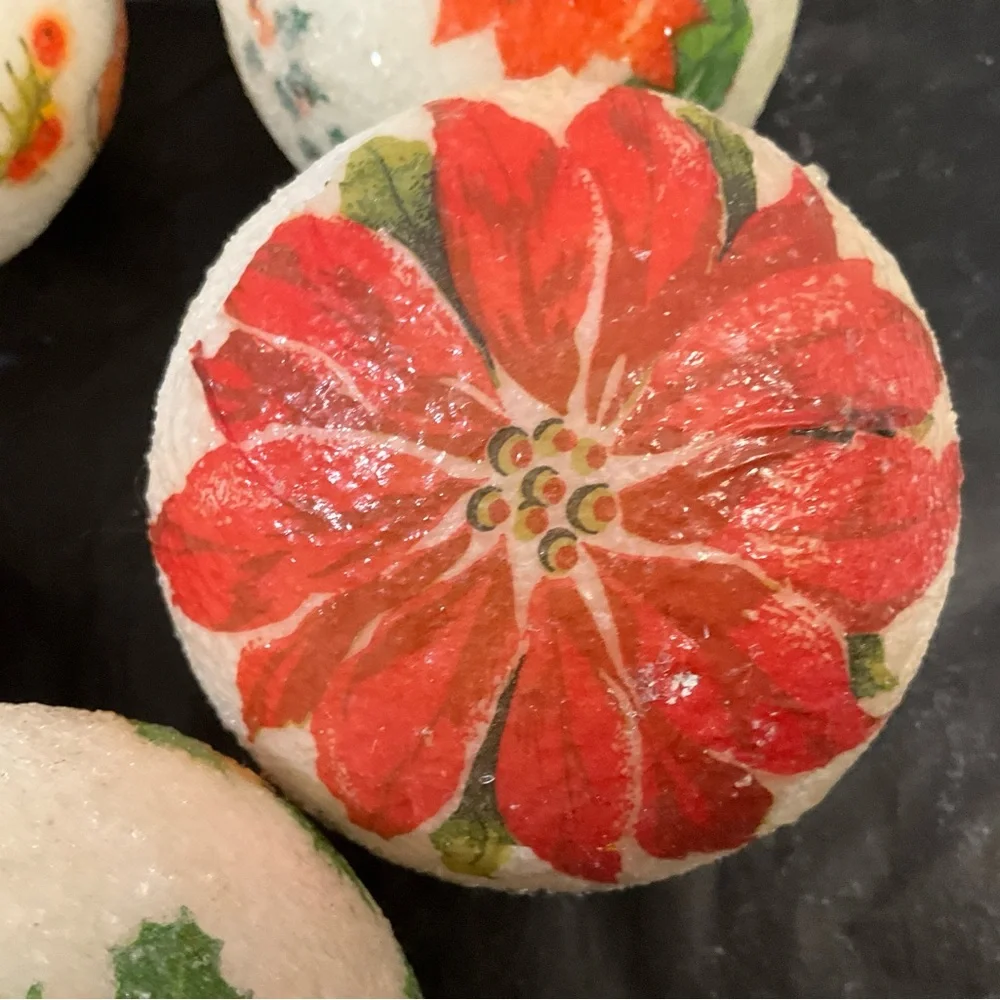 Vintage Lot of 5 Decoupage Christmas Ornaments Poinsettia and Santa